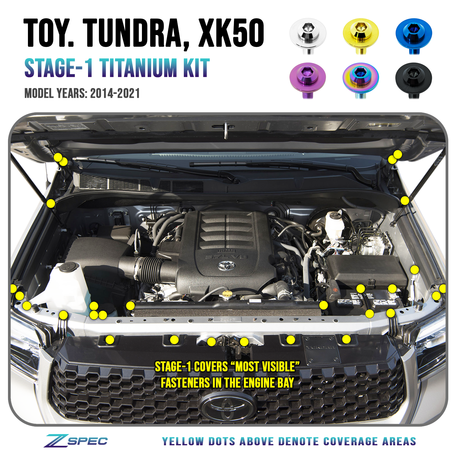 ZSPEC Stage-1 Fastener Kit for the Tundra XK50, Grade-5 Titanium

Specifications:
Grade-5 Titanium
Bagged & Labeled
Lightweight, Visual Upgrade