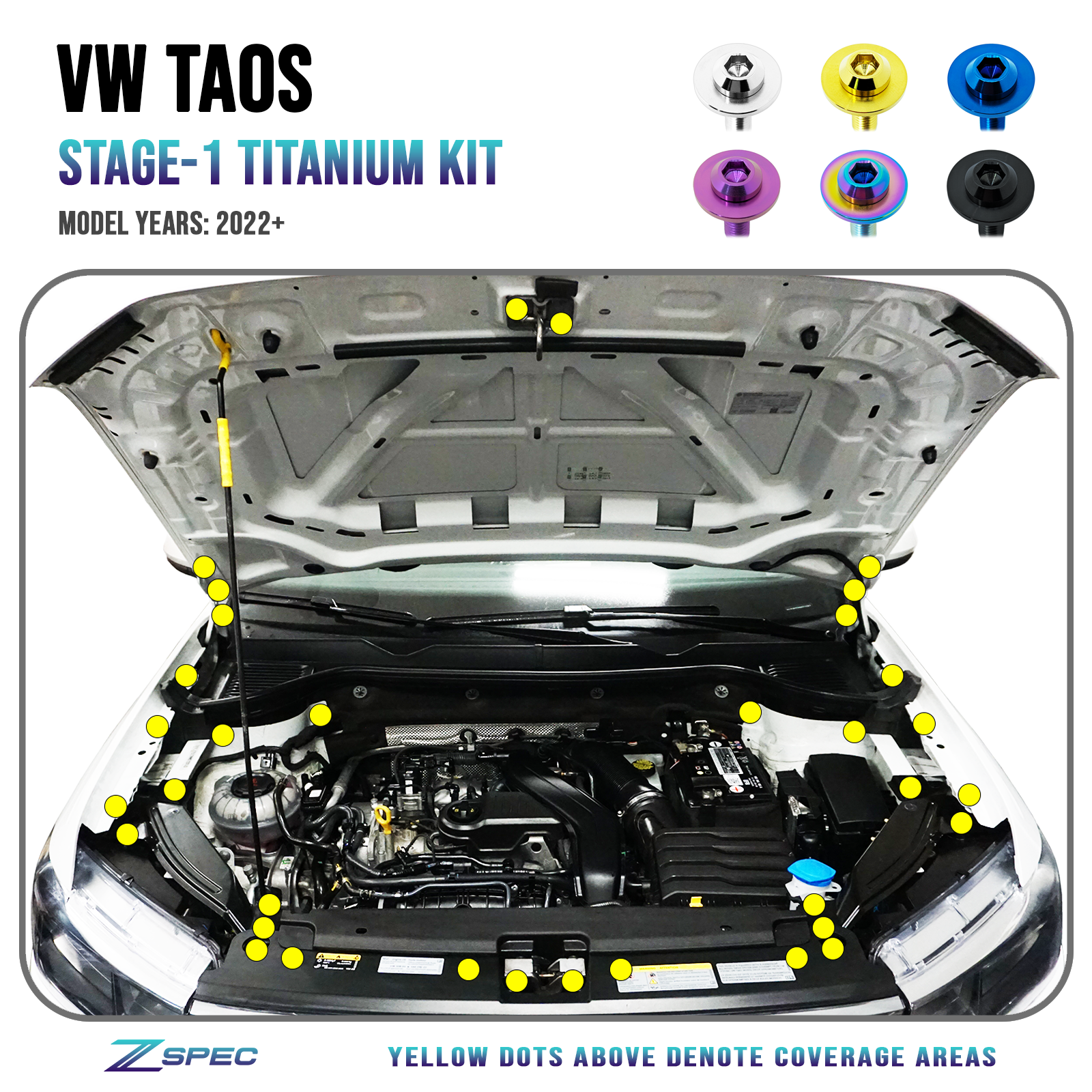 ZSPEC "Stage 1" Dress Up Bolts® Fastener Kit for '22+ VW Taos, Grade-5 Titanium - ZSPEC Design LLC - Hardware Fasteners - Fastener Kit, stage 1, taos, volkswagen, vw - zspecdesign.com