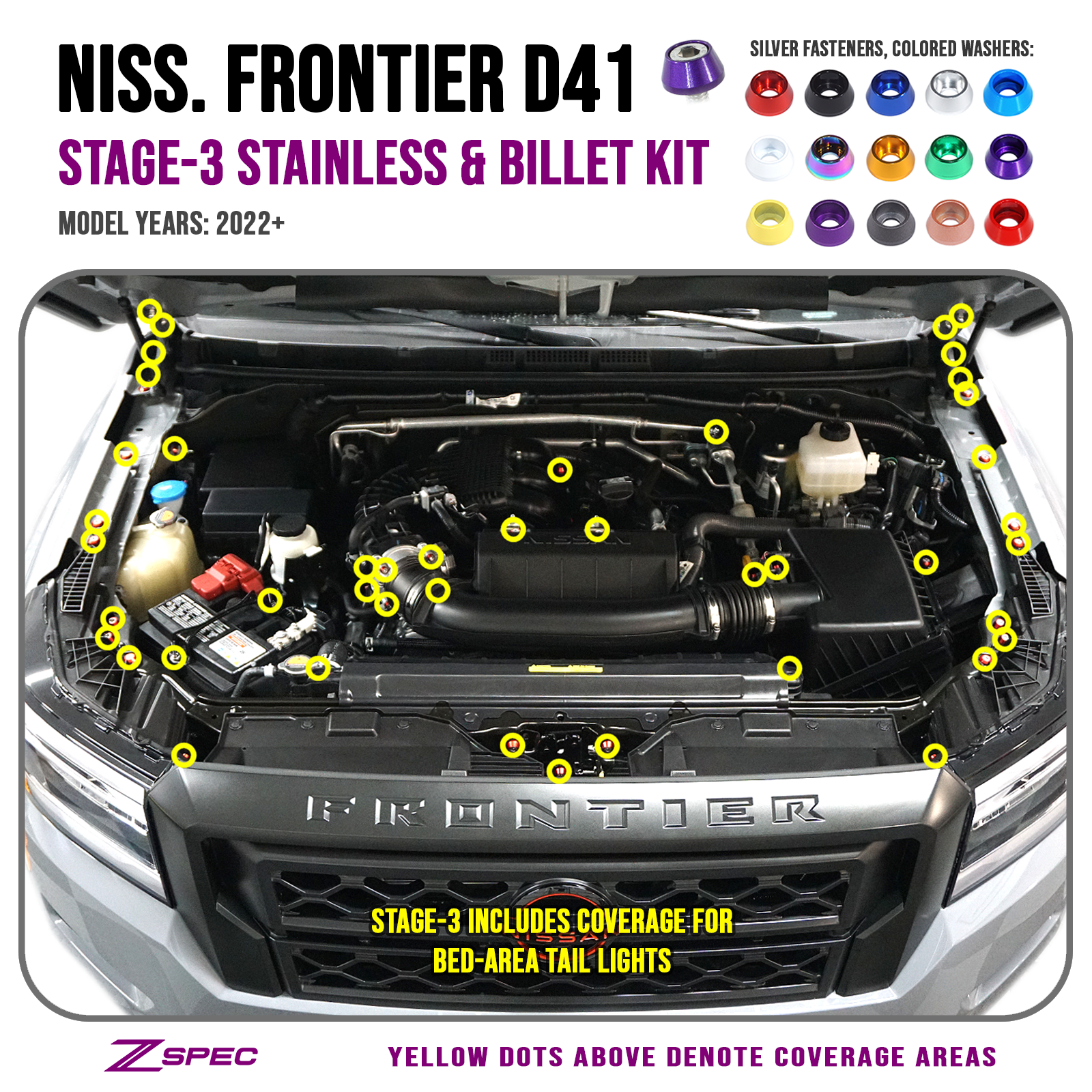 ZSPEC "Stage 3" Dress Up Bolts® Fastener Kit for '22+ Nissan Frontier D41, Stainless & Billet - ZSPEC Design LLC - Hardware Fasteners - 2022, d41, Fastener Kit, frontier, nissan, pro-4x, stage 3, Washer Color - zspecdesign.com