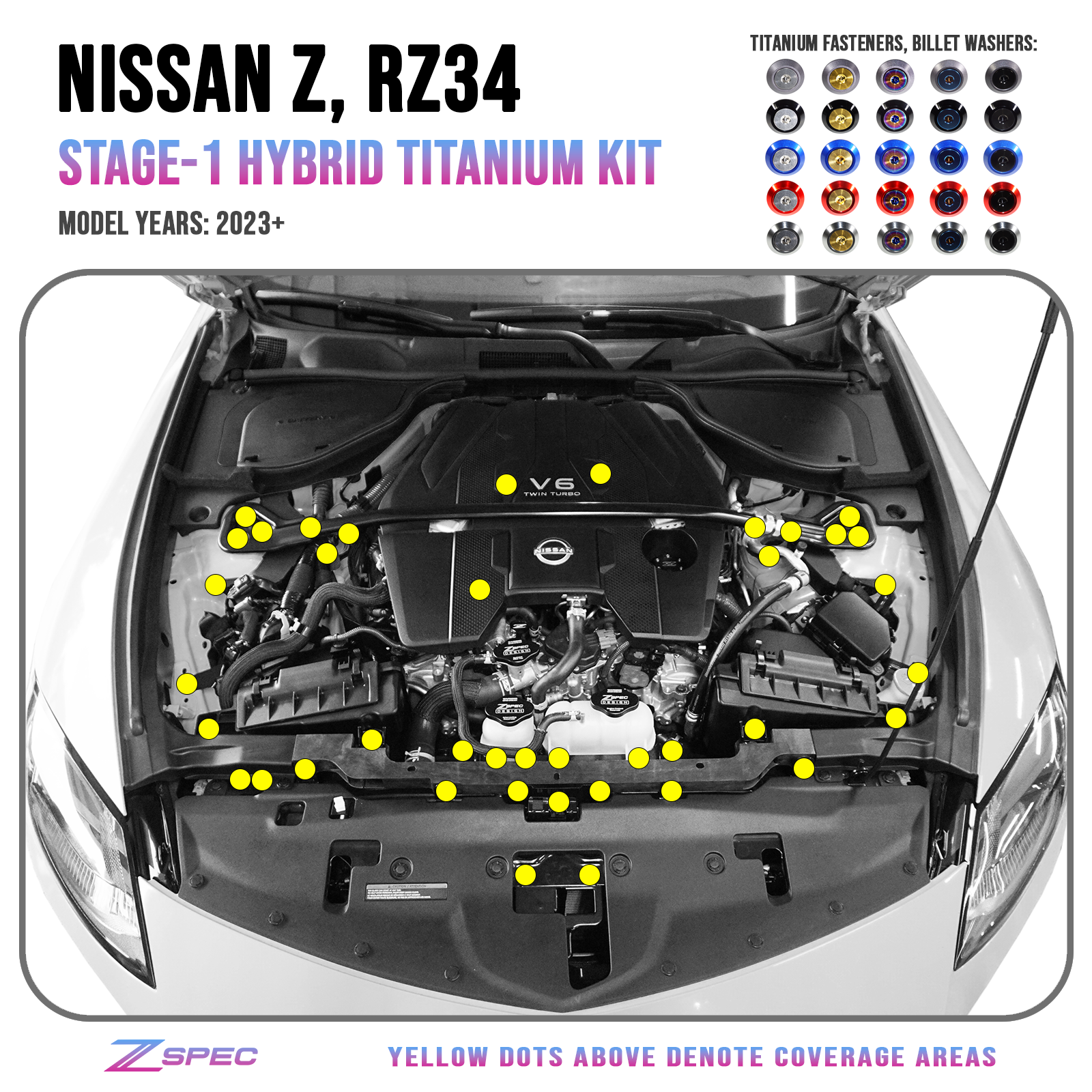 ZSPEC "Stage 1" Dress Up Bolts® Hardware Kit for Nissan Z RZ34, Titanium & Billet - ZSPEC Design LLC - Hardware Fasteners - 400z, Fastener Kit, nissan, nissan z, RZ34, stage 1, titanium - zspecdesign.com