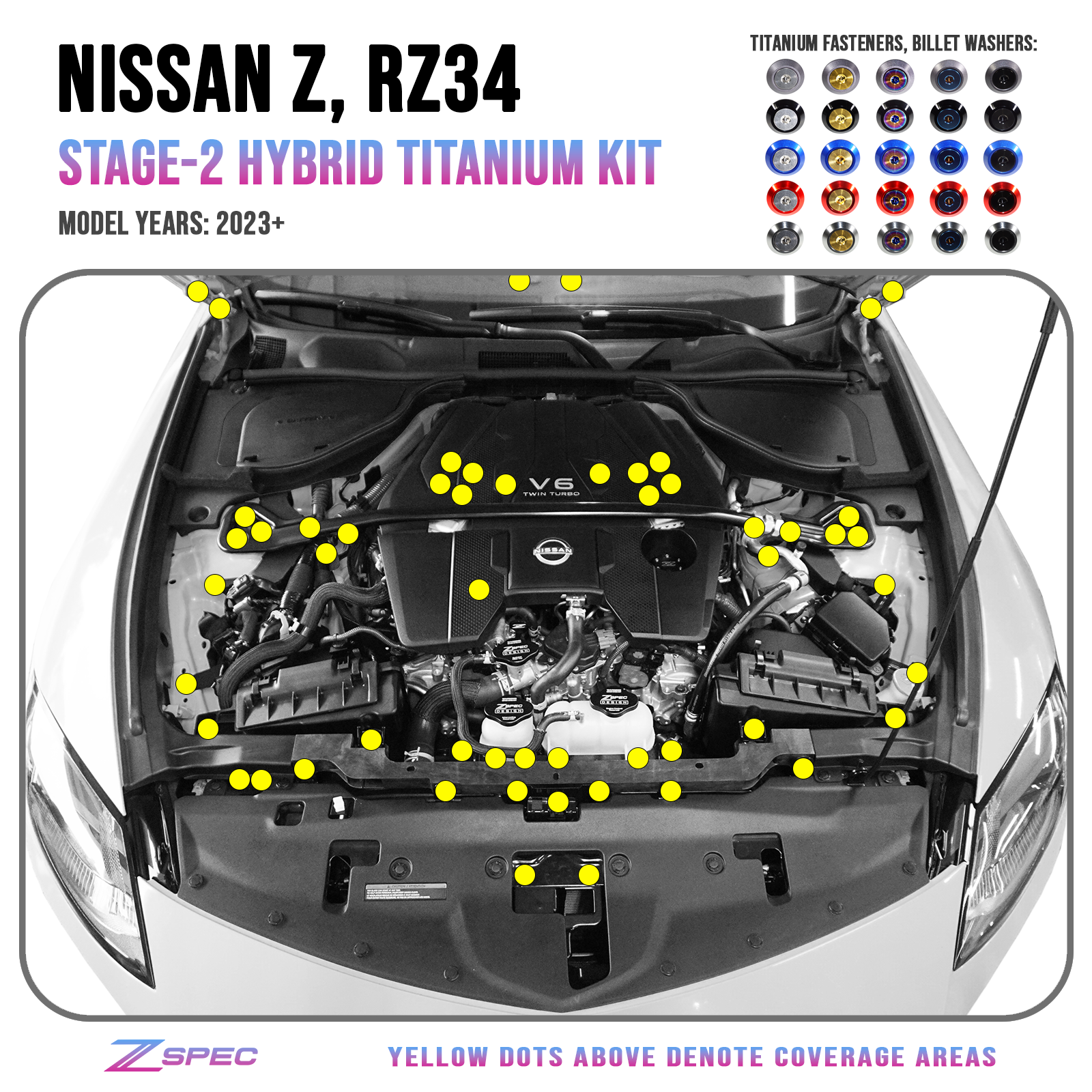 ZSPEC "Stage 2" Dress Up Bolts® Hardware Kit for Nissan Z RZ34, Titanium & Billet - ZSPEC Design LLC - Hardware Fasteners - 400z, Fastener Kit, nissan, nissan z, RZ34, stage 2, titanium - zspecdesign.com