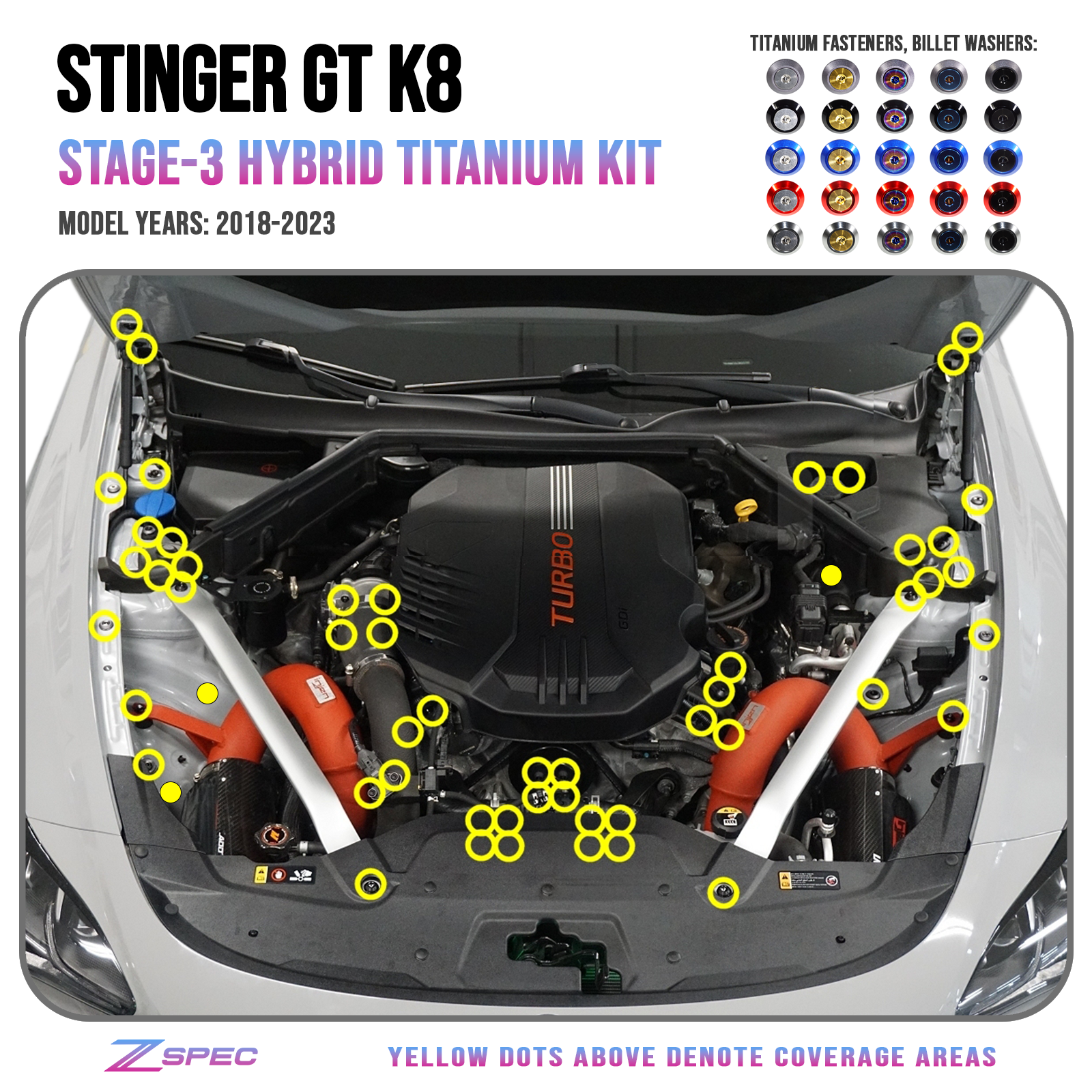 ZSPEC "Stage 3" Dress Up Bolts® Fastener Kit for '18+ Stinger GT, Titanium & Billet - ZSPEC Design LLC - Hardware Fasteners - Fastener Kit, gt, stage 3, stinger, titanium - zspecdesign.com