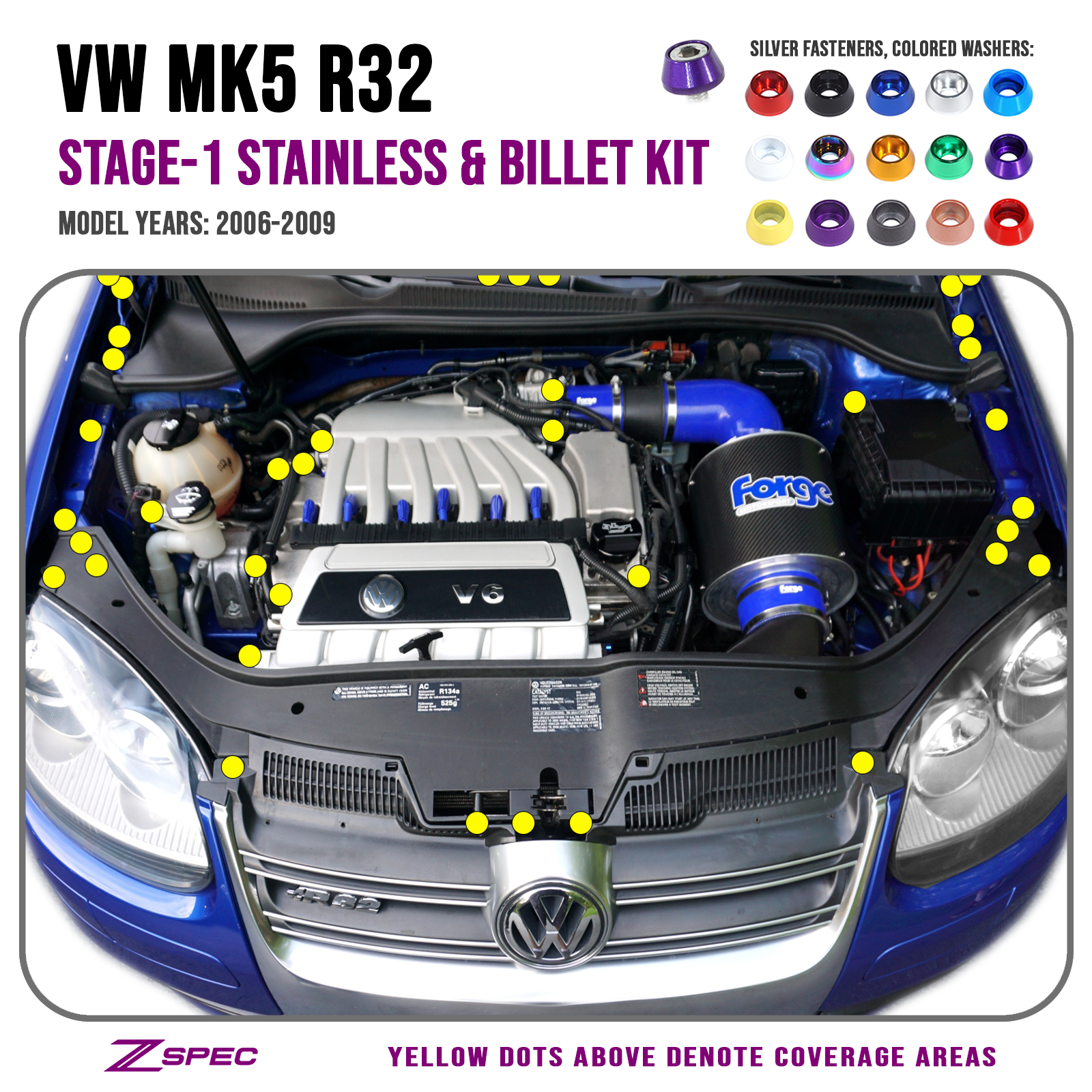ZSPEC "Stage 1" Dress Up Bolts® Fastener Kit for '06-09 VW Golf R32 MK5, Stainless & Billet - ZSPEC Design LLC - Hardware Fasteners - Fastener Kit, golf, mk5, r32, stage 1, volkswagen, vw - zspecdesign.com