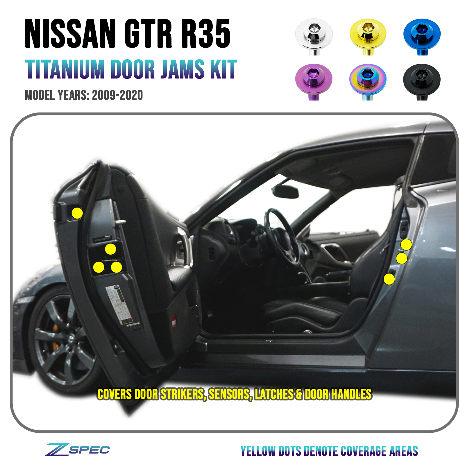 ZSPEC Door Jams Area Dress Up Bolts® Fastener Kit for '09-23 Nissan GTR (R35), Titanium - ZSPEC Design LLC - Hardware Fasteners - door jam, Fastener Kit, gt-r, gtr, nissan, r35, skyline, titanium - zspecdesign.com