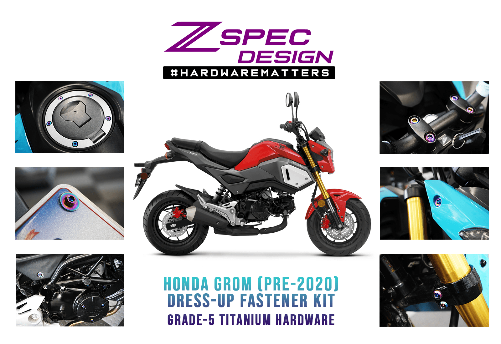 ZSPEC Dress-Up Bolts® Hardware Kit for the pre-2020 Honda Grom Platform, Titanium - ZSPEC Design LLC - Hardware Fasteners - Fastener Kit, grom, honda, Motorcycle - zspecdesign.com