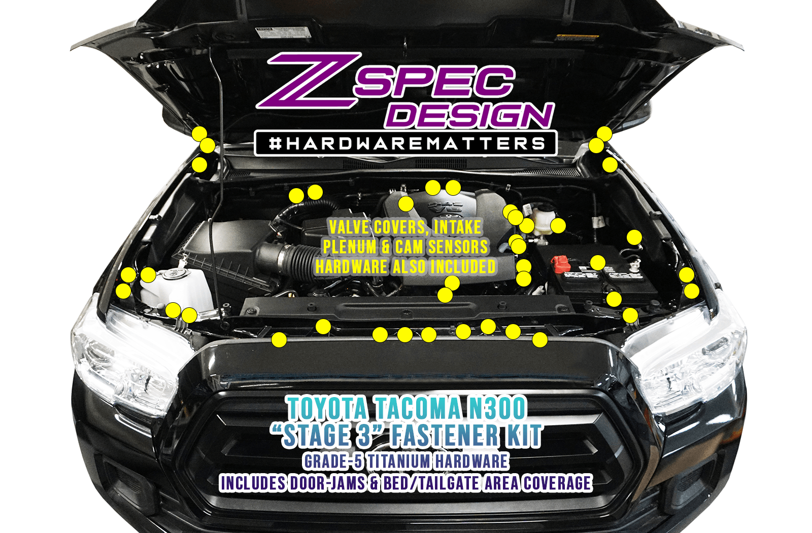 ZSPEC "Stage 3" Dress Up Bolts® Fastener Kit for '16-23 Toyota Tacoma N300, Titanium  Grade-5 GR5 Hardware Engine Bay Performance Upgrade Modification Car Auto Vehicle Drift rwd usdm