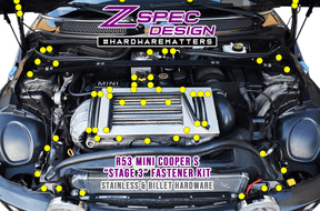 ZSPEC Dress Up Bolts® Fastener Kit for '01-06 R53 Mini Cooper & S, Stainless Billet, Dress Up Bolts Washers Red Blue Purple Gold Burned Black