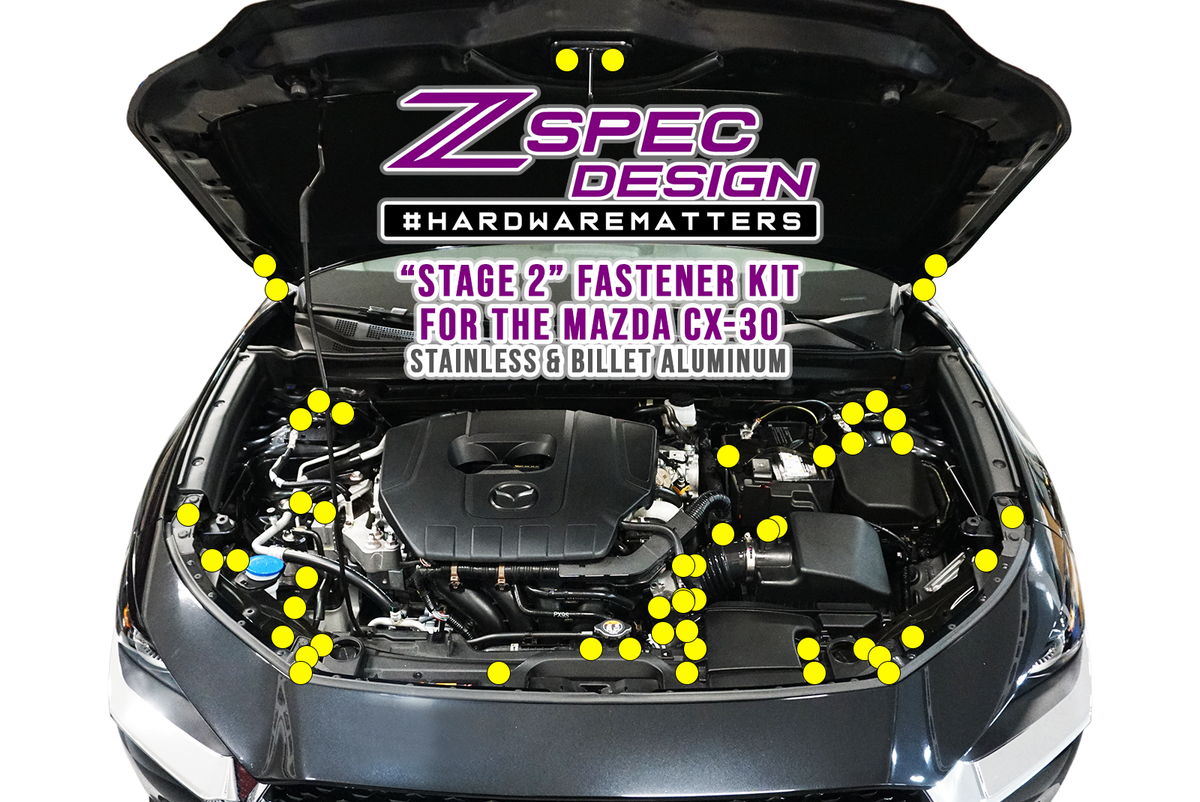 ZSPEC "Stage 2" Dress Up Bolts® Fastener Kit for Mazda CX030, Stainless & Billet  SUS304 Stainless Hardware Fasteners & Billet Aluminum Colored Finish Washers, Bagged & Labeled by Area ZSPEC Design