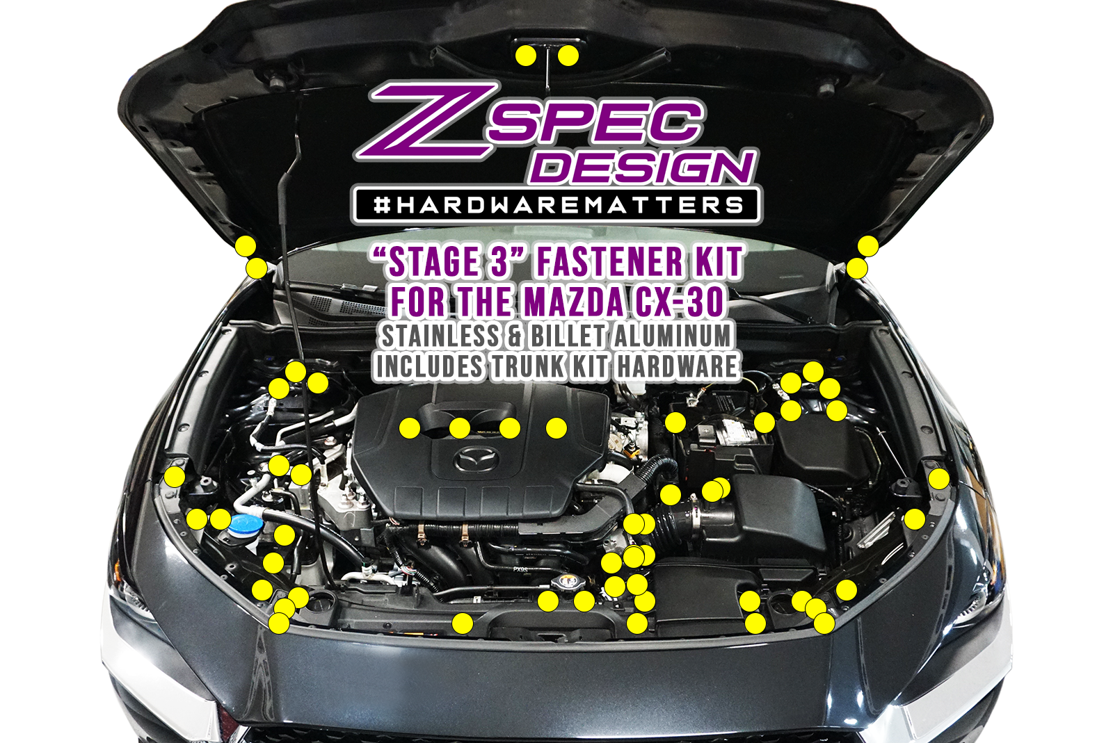 ZSPEC "Stage 3" Dress Up Bolts® Fastener Kit for Mazda CX030, Stainless & Billet  SUS304 Stainless Hardware Fasteners & Billet Aluminum Colored Finish Washers, Bagged & Labeled by Area ZSPEC Design