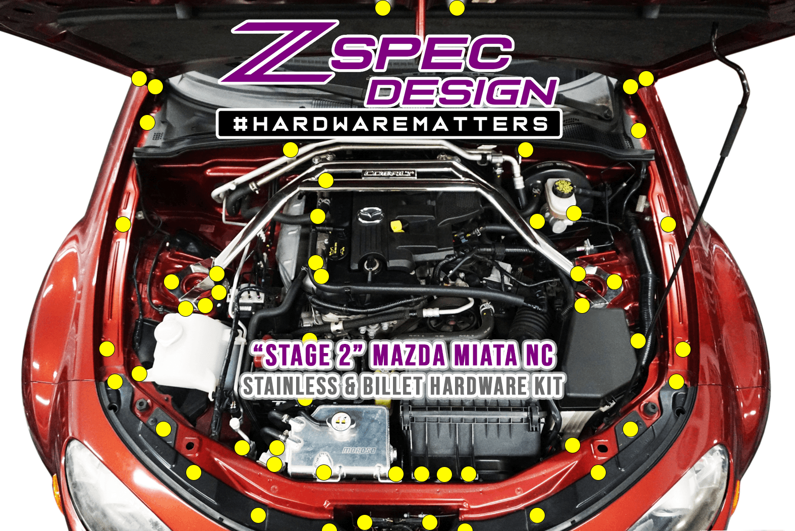 ZSPEC "Stage 3" Dress Up Bolts® Fastener Kit for Mazda Miata NC, Stainless & Billet  SUS304 Stainless Hardware Fasteners & Billet Aluminum Colored Finish Washers, Bagged & Labeled by Area ZSPEC Design