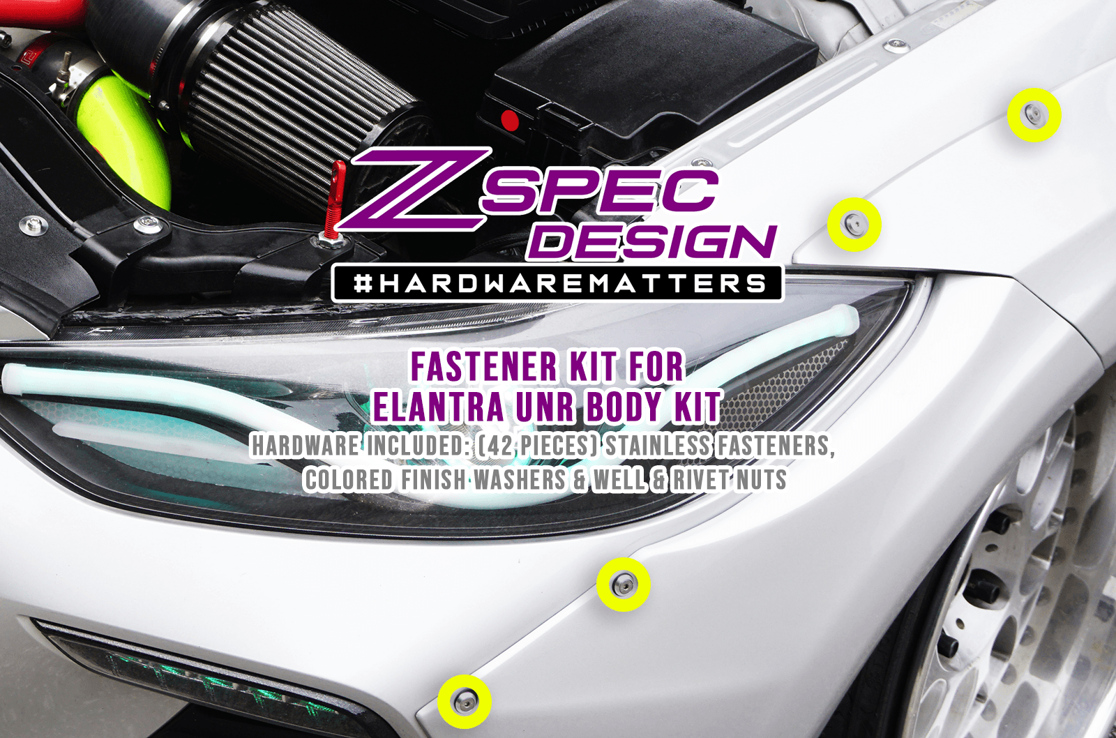 ZSPEC Body-Kit Fastener Hyundai Elantra UNR Body Kit Low-Profile M5x20mm Stainless/Billet, Sold per Each Flares, Over Fender, Body Element, Wings, Arches - Titanium / Billet / Stainless - Black, Burned, Gold, Purple, Silver Raw, Polished - Dress Up Bolts Hardware Washers Finish