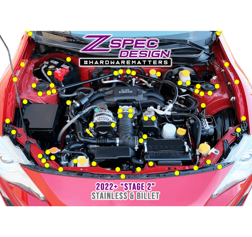 ZSPEC "Stage 2" Dress Up Bolts® Fastener Kit for Scion FRS, Subaru BRZ, Toyota 86 '13-21, Stainless & Billet - ZSPEC Design LLC - Hardware Fasteners - 86, brz, Fastener Kit, frs, scion, stage 2, subaru, toyota - zspecdesign.com
