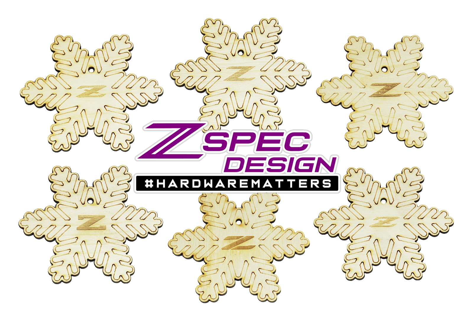 ZSPEC Laser-Engraved Wood Ornaments, Set of Six Nissan Z-Snowflakes  Man-cave, holiday tree... 1/8' Birch Plywood construction, Laser-cut. Includes Hook for Hanging. ZSPEC Design LLC