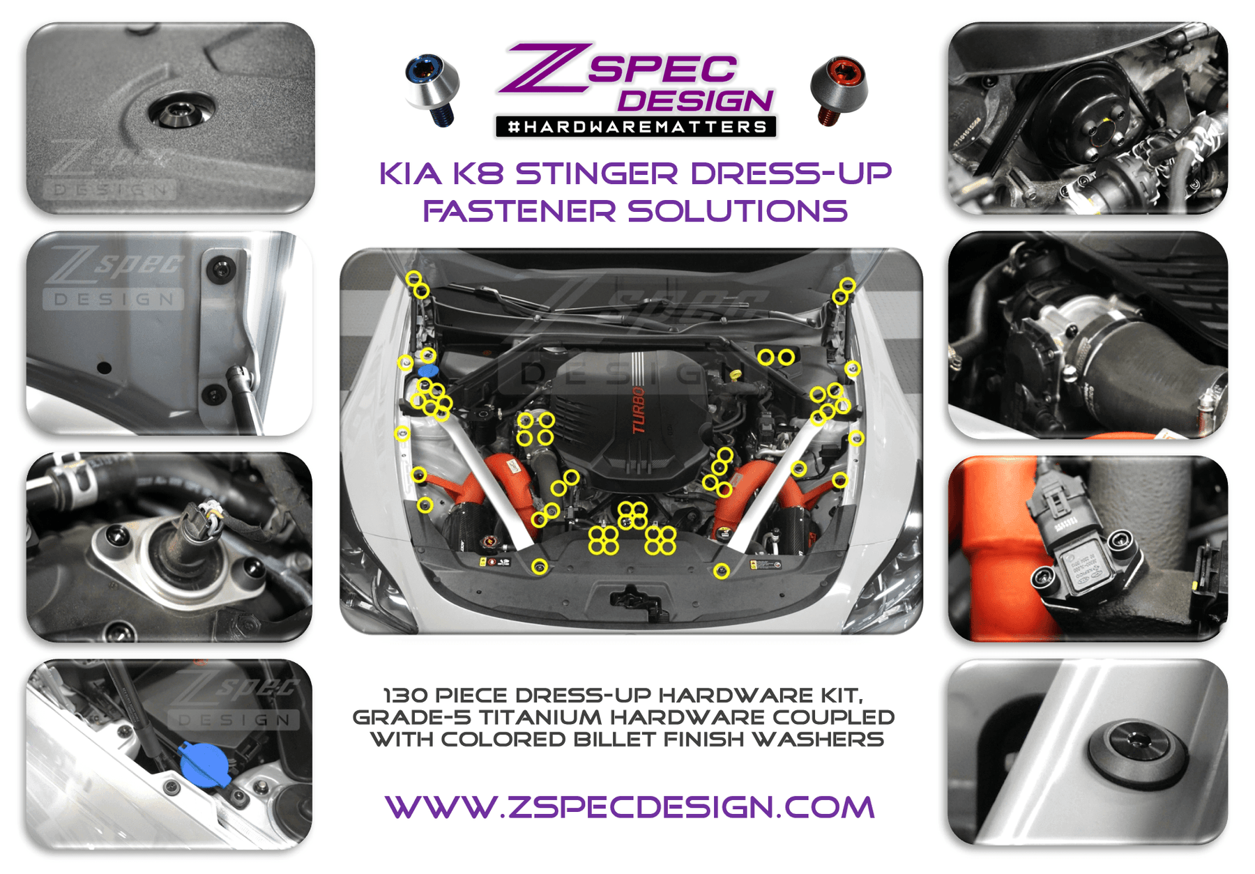 ZSPEC Dress Up Bolts® Fastener Kit for '18+ Kia Stinger GT, Titanium/Billet, Grade-5 GR5 Dress Up Bolts Washers Red Blue Purple Gold Burned Black Performance Engine Bay Upgrade
