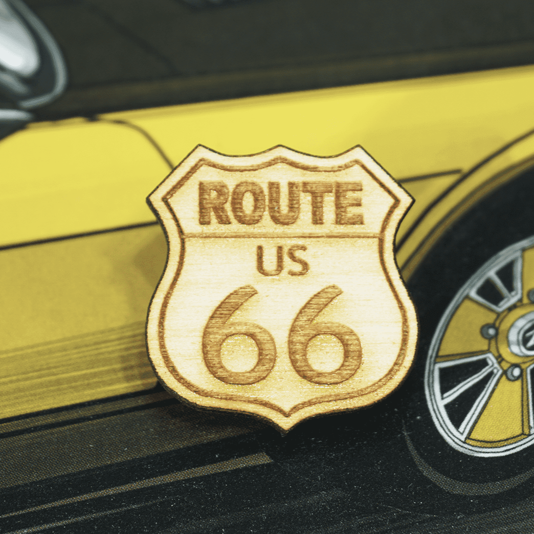 ZSPEC Classic Route 66 Laser-Cut & Etched Wooden Lapel/Hat Pin - ZSPEC Design LLC - Pin - accessory, bob sharp, bsr, lapel, lifestyle, nissan, pin, road sign, Z - zspecdesign.com