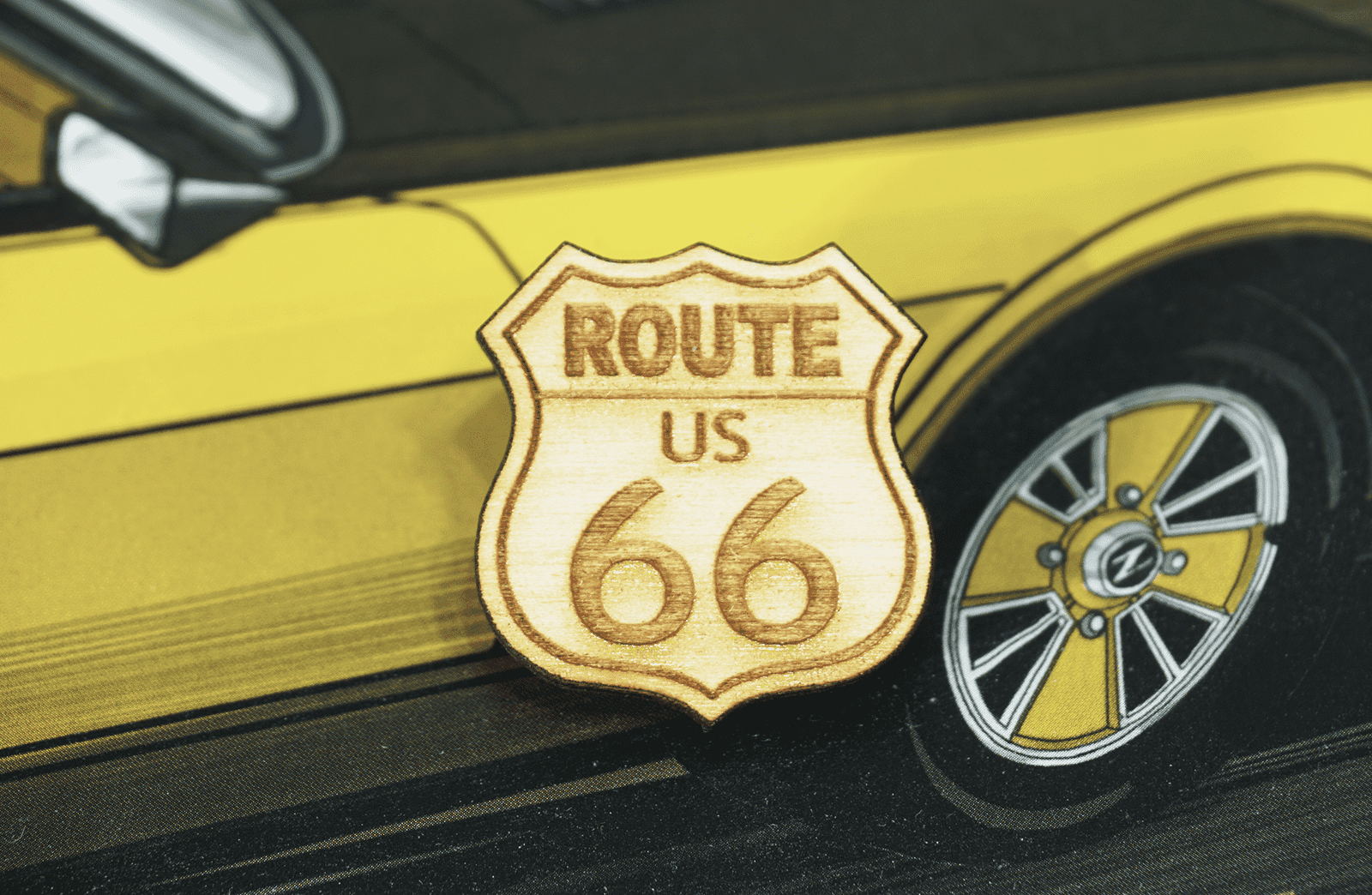 ZSPEC Classic Route 66 Laser-Cut & Etched Wooden Lapel/Hat Pin - ZSPEC Design LLC - Pin - accessory, bob sharp, bsr, lapel, lifestyle, nissan, pin, road sign, Z - zspecdesign.com