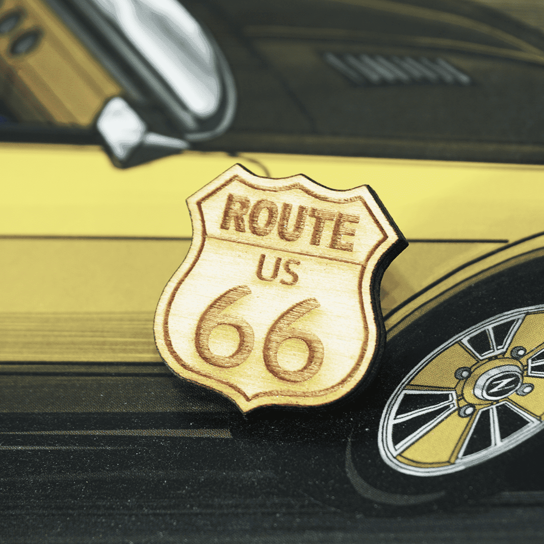 ZSPEC Classic Route 66 Laser-Cut & Etched Wooden Lapel/Hat Pin - ZSPEC Design LLC - Pin - accessory, bob sharp, bsr, lapel, lifestyle, nissan, pin, road sign, Z - zspecdesign.com