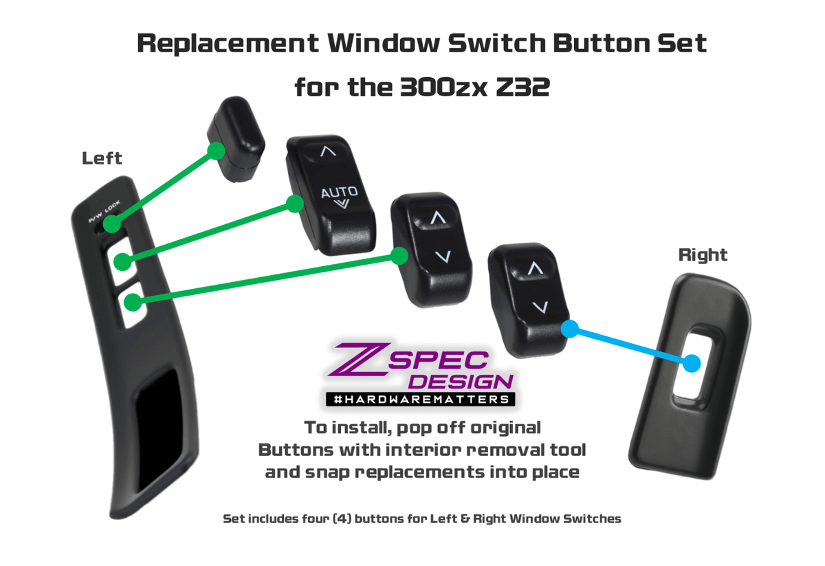 ZSPEC Window-Switch Buttons for Nissan 300zx Z32, NON-Illuminated  Upgrade Performance Interior Reproduction Plastics VG30DE VG30DETT Twin Turbo Non-Turbo Fairlady Z 1990 1991 1992 1993 1994 1995 1996
