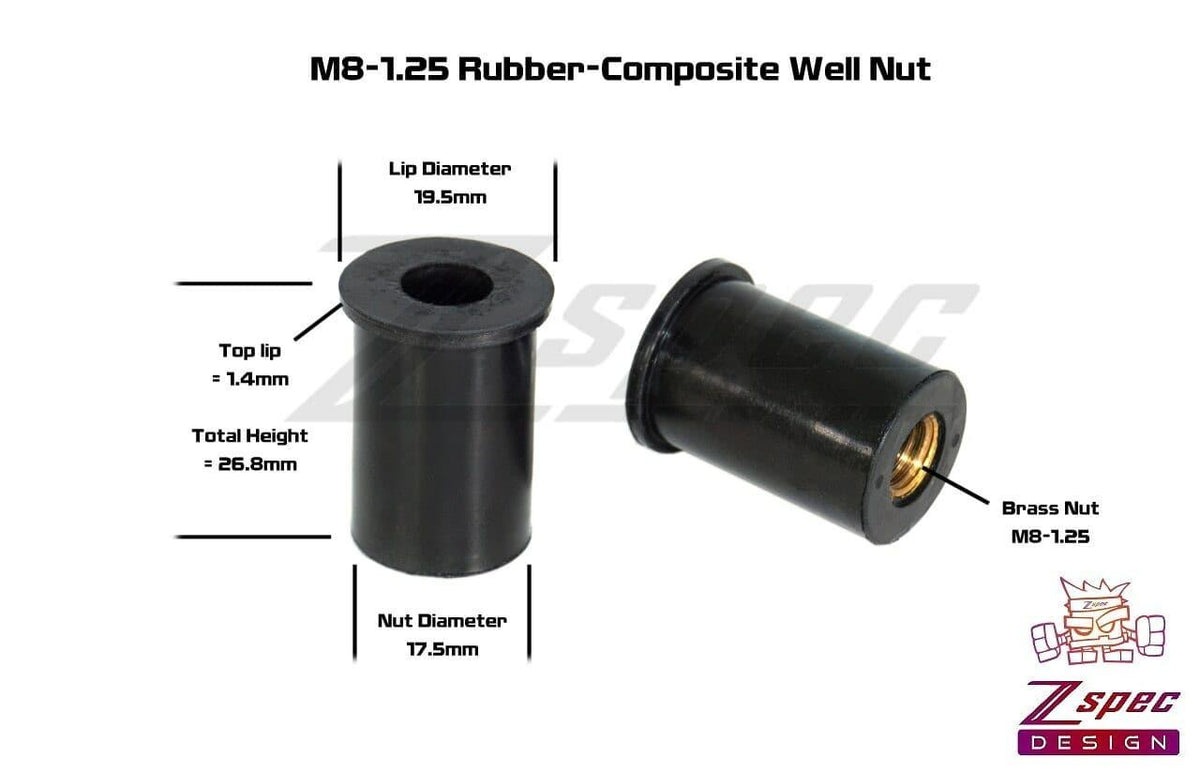 ZSPEC M8 Rubber Well Nuts for SUV/Truck Body Element ZSPEC Grade-5 Body Kit Hardware - Flares, Over Fender, Body Element, Wings, Arches - Titanium / Billet / Stainless - Black, Burned, Gold, Purple, Silver Raw, Polished - Dress Up Bolts Hardware Washers Finish Rocket Bunny Pandem Aimgain twinz carbon signal M5 M6 M8 Wicker Bill