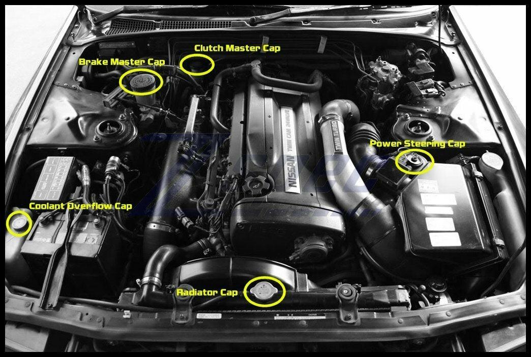 ZSPEC Billet Reservoir Cap Cover Set (BMC/CMC/Cool./PS/Rad) for Nissan GTR R32-33-34 Billet Engine Bay Dress Up Bolts Hardware Performance Accessory Red Black Gold Purple Silver Blue