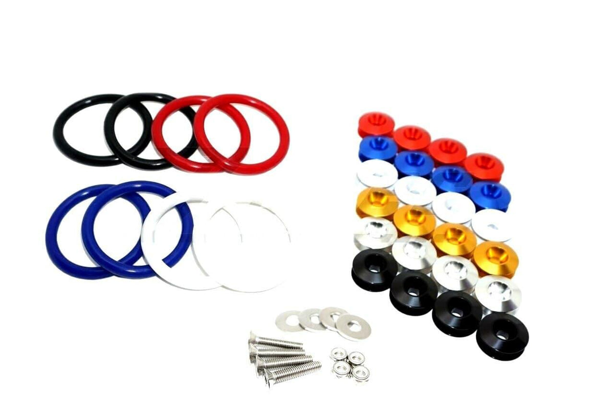 ZSPEC Quick Release Bumper Fastener Kit w/BLUE Catches & Colored Bands Stainless Steel & Billet Aluminum Dress Up Bolts Fasteners Washers Red Blue Purple Gold Burned Black Car Auto Fascia Body Kit Element Fast Removal