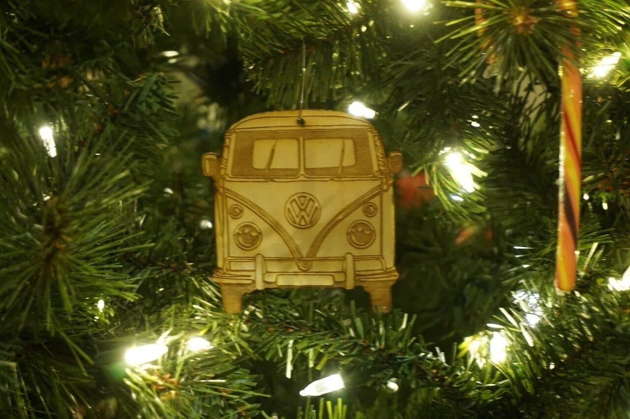 Laser-Engraved Birch Ornament, style: VW Vintage Bus, ~5-inch Wide Holiday Garage Art Man Cave Birthday Present Man Woman Wood Birch