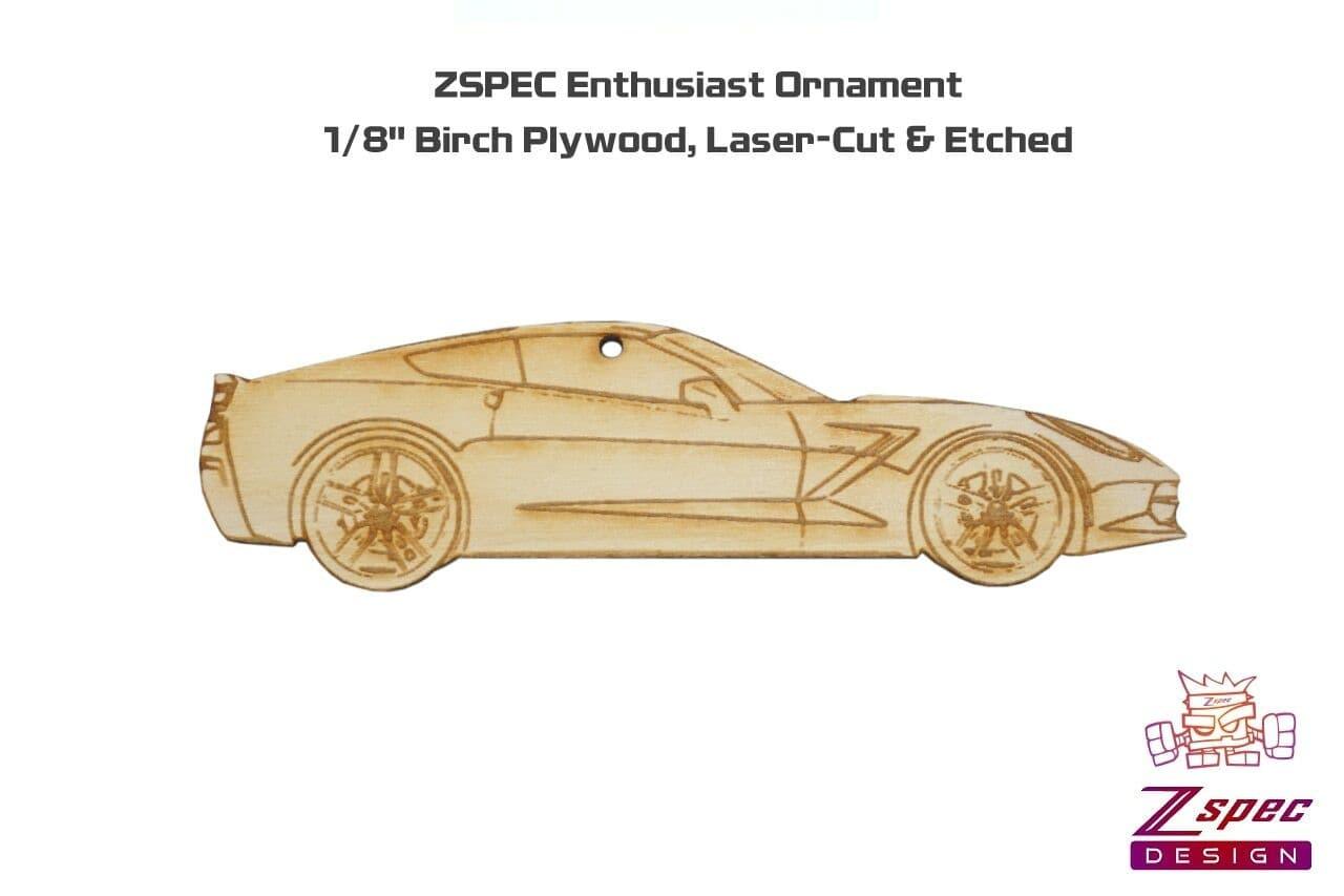 Laser-Engraved Birch Ornament, style: Corvette C7, ~5-inch Wide Holiday Garage Art Man Cave Birthday Present Man Woman Wood Birch