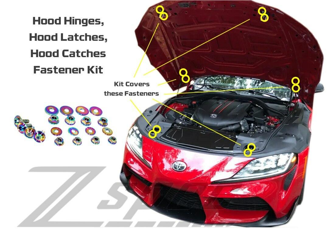 ZSPEC Hood Hinges, Latches, Catches Fasteners for '20+ Toyota Supra MKV GR A90, Titanium Grade-5 GR5 Race Dress Up Bolts Fasteners Hardware Blue Red Black Gold Silver Burned