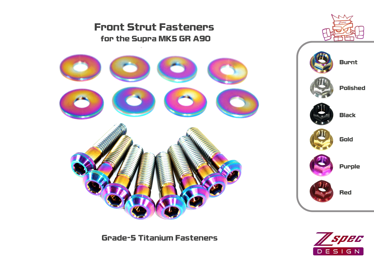 ZSPEC Front Struts Fastener Kit for '20+ Toyota Supra MKV GR A90, Titanium Grade 5 GR5 Hardware Dress Up Bolts Fasteners Washers Red Blue Purple Gold Burned Black