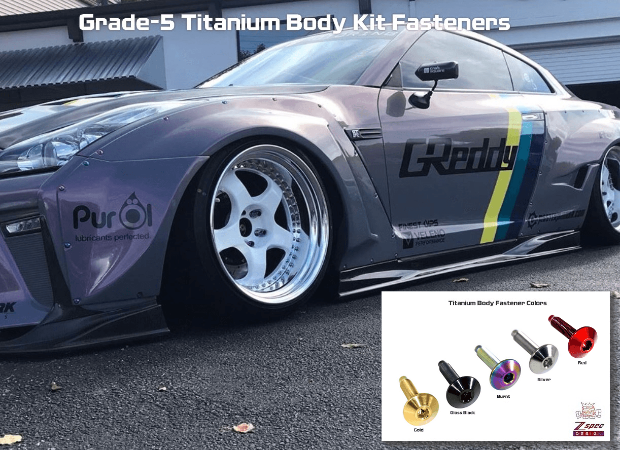 ZSPEC Body-Kit Fastener, Low-Profile M5x20mm Titanium w/Well Nut Flares, Over Fender, Body Element, Wings, Arches - Titanium / Billet / Stainless - Black, Burned, Gold, Purple, Silver Raw, Polished - Dress Up Bolts Hardware Washers Finish Rocket Bunny Pandem Aimgain twinz carbon signal M5 M6 M8 Wicker Bill