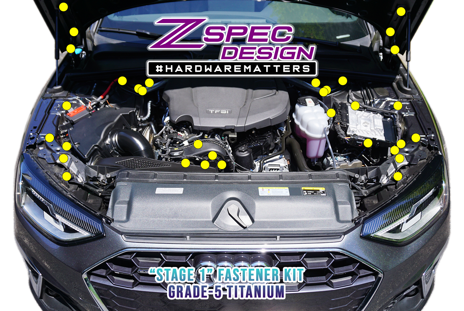 ZSPEC "Stage 1" Dress Up Bolts® Fastener Kit for '16-20 Audi A4 B9 2.0L, Titanium - Engine Bay Performance Upgrade Beauty Bolts Black Gold Blue Black Silver Burned Red