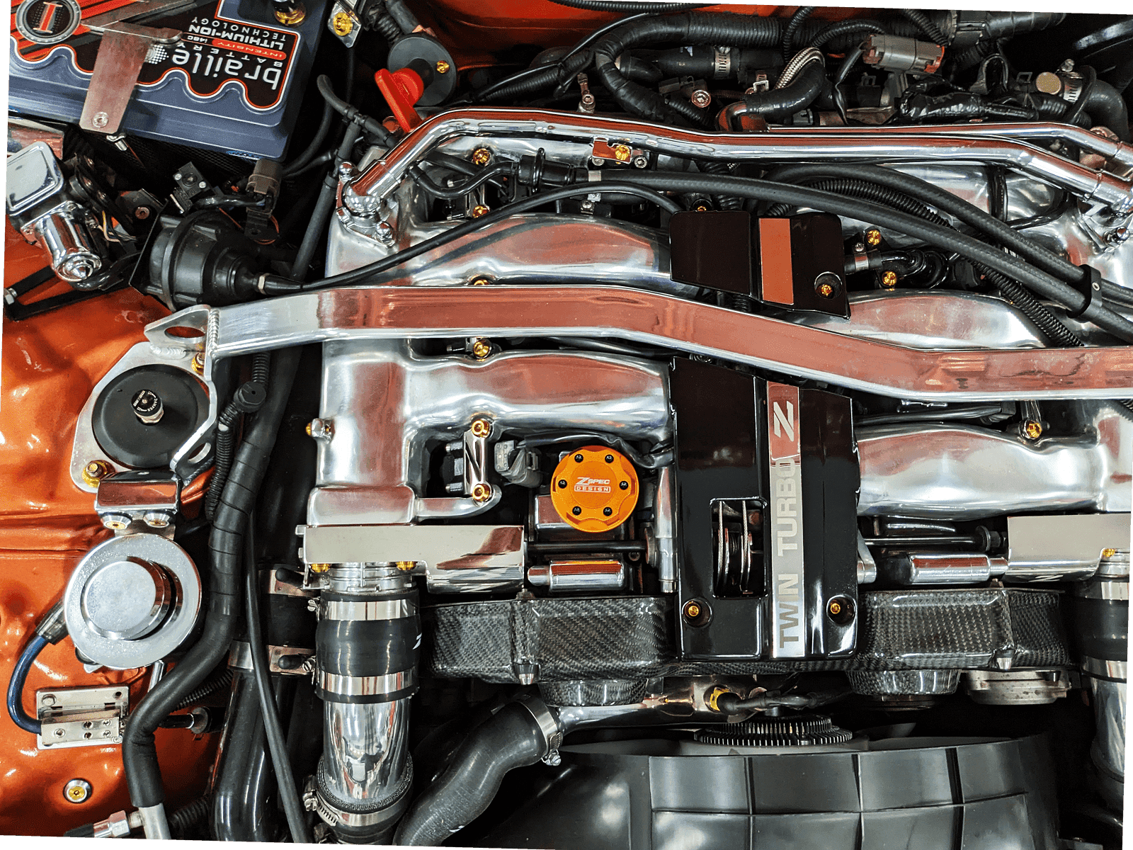 ZSPEC Billet Oil Filler Cap - Orange Gold w/ Titanium Accents, Engine Bay Dress Up Nissan Datsun Z ZX 300zx 350z 370z Frontier RZ34 Titan VQ35/37/38/40 VR30/38 RB20/26/26/30 VK56 VG30 & Datsun L-Series L24/26/28