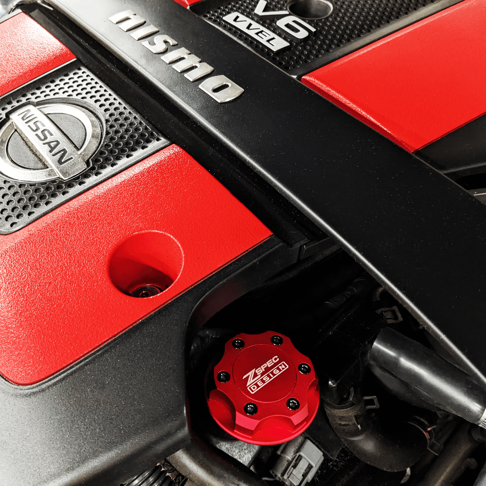 ZSPEC Billet Oil Filler Cap for Nissan/Infiniti/Datsun, Red Cap w/ Titanium Accents - ZSPEC Design LLC - Hardware Fasteners - 2023, 240sx, 240z, 260z, 280z, 280zx, 300z, 300zx, 350z, 370z, 380RS, 400z, accessory, bob sharp, cap, d40, d41, DE & HR, DE & REVUP, FairladyZ, frontier, g35, g37, GT-R, GTR, hakosuka, j30, nismo, nissan, nissanz, nisssan, oil, oil cap, q50, q60, R32, R34, RB20, RB25, RB26, RB30, rogue, RZ34, s30, titan, VQ, vq37, VR, vr30ddtt, z, z31, z32, z33, z34, z34 s2, z34s2 - zspecdesign.com