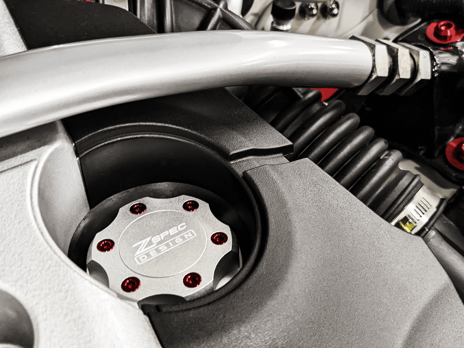 ZSPEC Billet Oil Filler Cap - Silver w/ Titanium Accents, Engine Bay Dress Up Nissan Datsun Z ZX 300zx 350z 370z Frontier RZ34 Titan VQ35/37/38/40 VR30/38 RB20/26/26/30 VK56 VG30 & Datsun L-Series L24/26/28