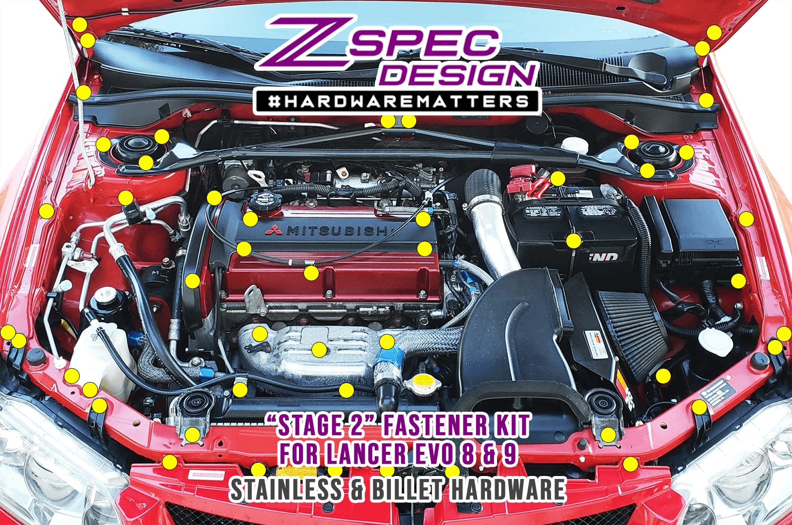 ZSPEC "Stage 2" Dress Up Bolts® Fastener Kit for Mitsubishi EVO 8 & 9, Stainless & Billet - ZSPEC Design LLC - Hardware Fasteners - evo, Fastener Kit, mitsubishi, stage 2 - zspecdesign.com