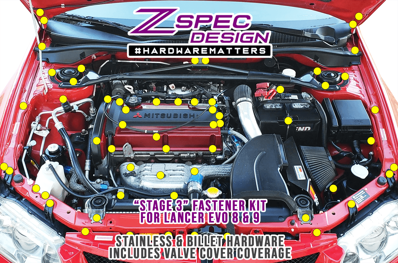 ZSPEC "Stage 3" Dress Up Bolts® Fastener Kit for Mitsubishi EVO 8 & 9, Stainless & Billet - ZSPEC Design LLC - Hardware Fasteners - evo, evo 8, evo 9, Fastener Kit, mitsubishi, stage 3 - zspecdesign.com
