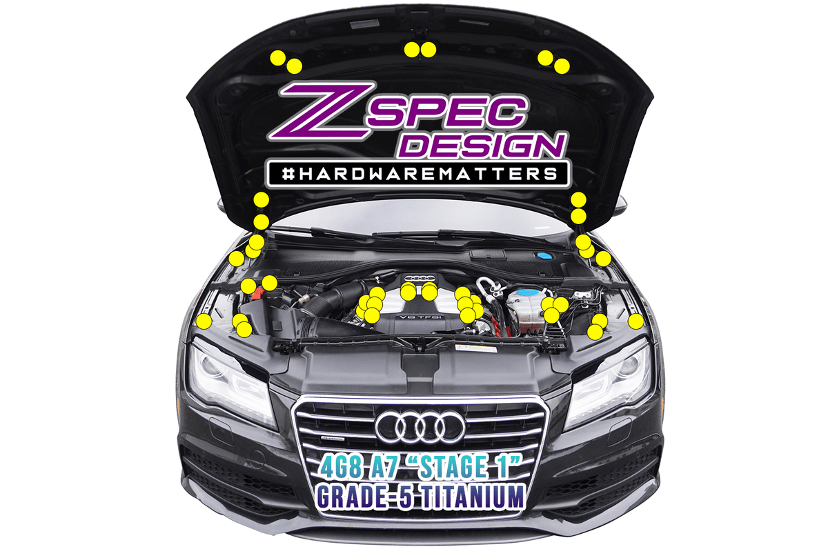 ZSPEC "Stage 1" Dress Up Bolts® Fastener Kit for '12-18 Audi A7 4G8 3.0L, Titanium Black Gold Silver Burned  Engine Bay Trunk Hardware Stage 3.0L