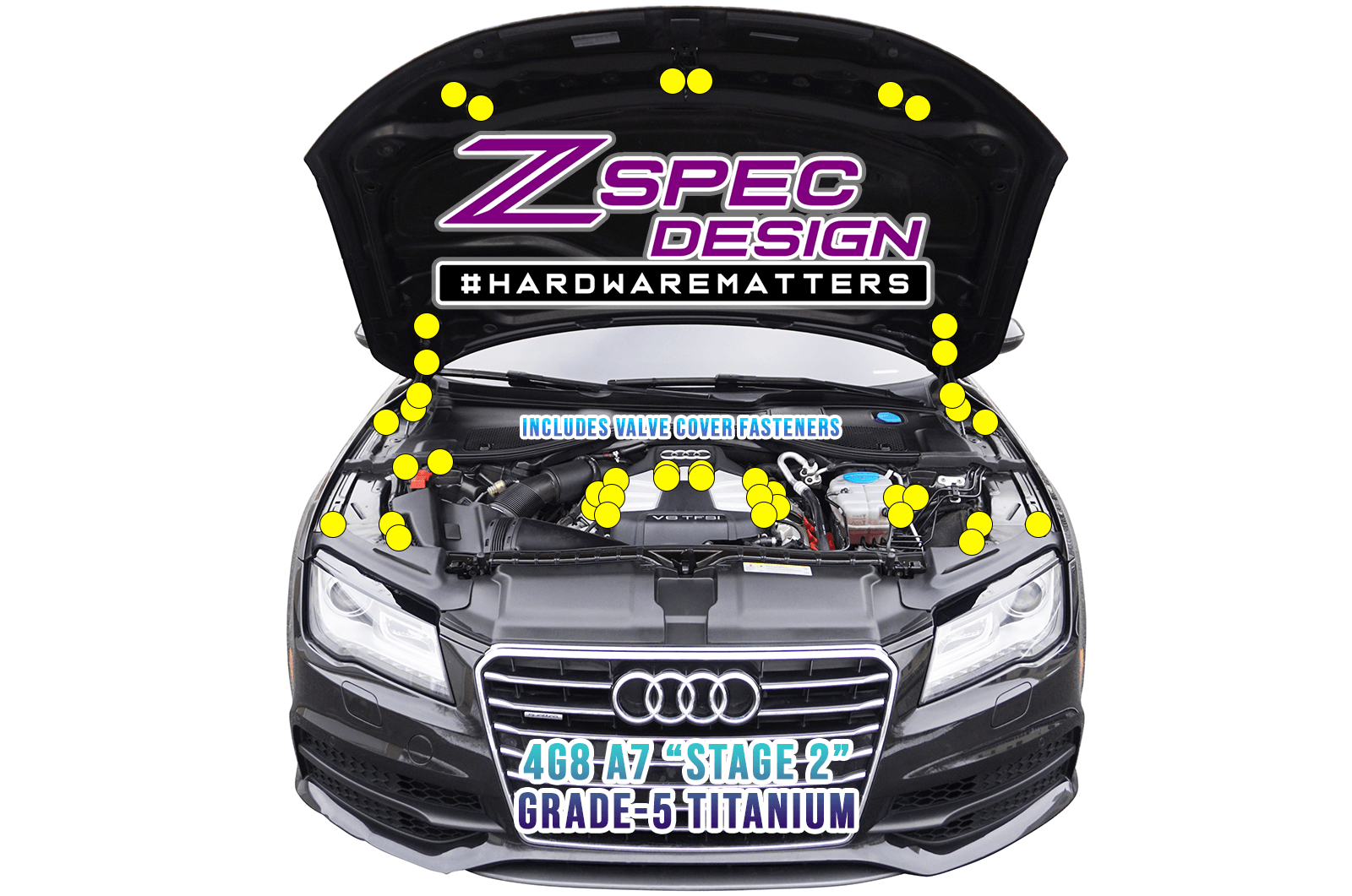 ZSPEC "Stage 2" Dress Up Bolts® Fastener Kit for '12-18 Audi A7 4G8 3.0L, Titanium Black Gold Silver Burned  Engine Bay Trunk Hardware Stage 3.0L