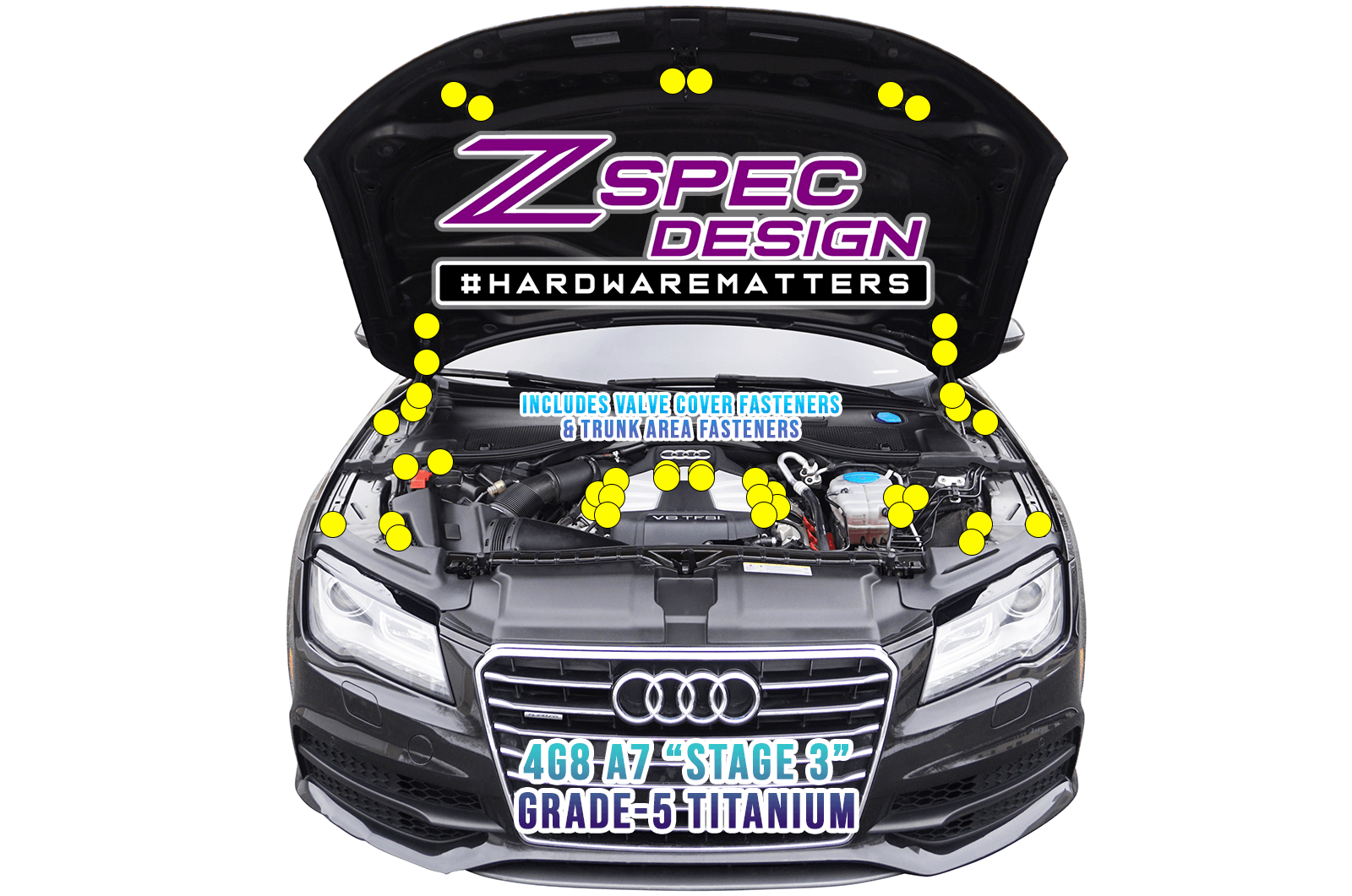 ZSPEC "Stage 3" Dress Up Bolts® Fastener Kit for '12-18 Audi A7 4G8 3.0L, Titanium Black Gold Silver Burned  Engine Bay Trunk Hardware Stage 3.0L