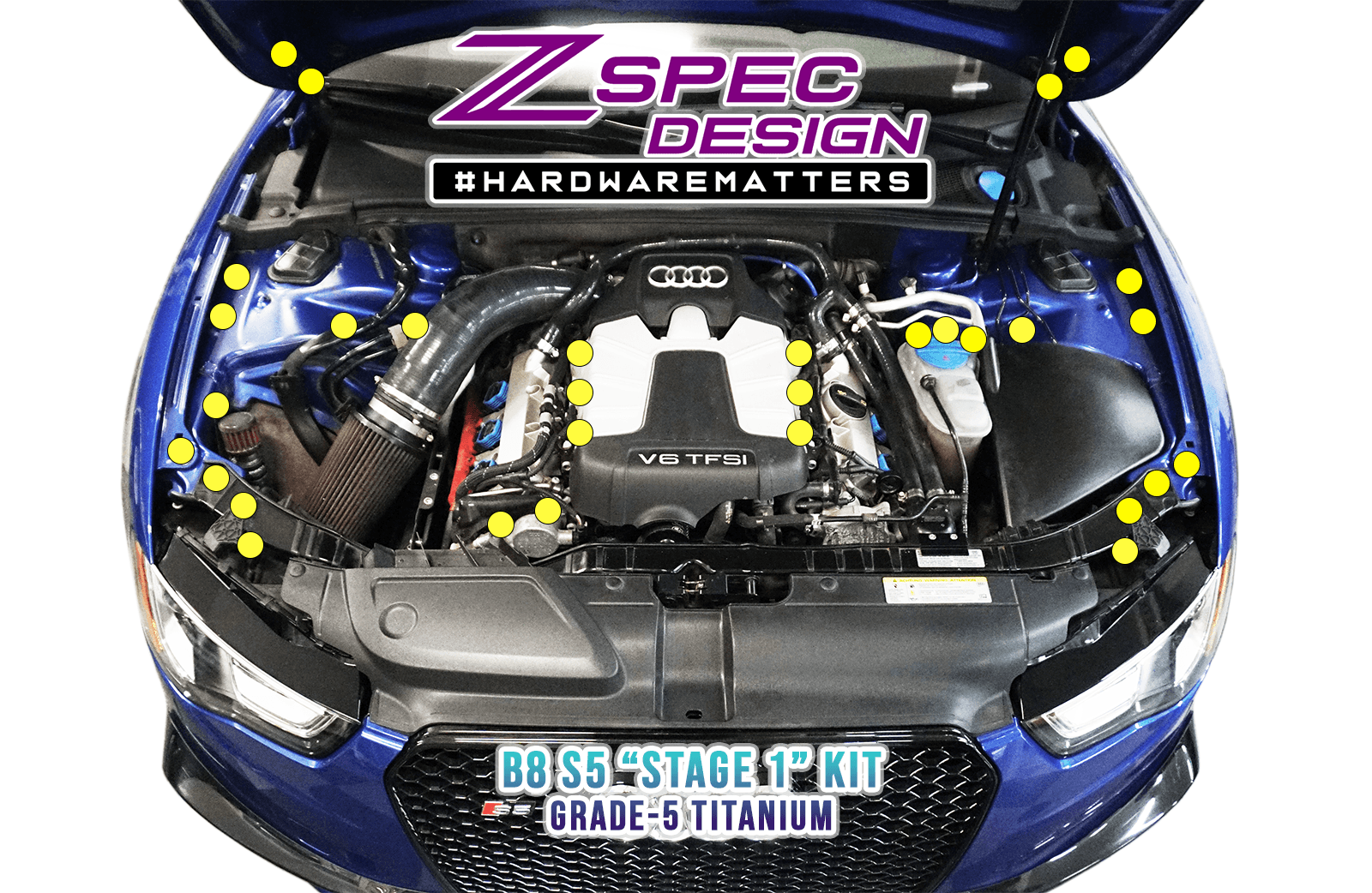 ZSPEC "Stage 2" Dress Up Bolts® Fastener Kit for Audi S5 B8 3.0L, Titanium Grade-5  Bagged/Labeled by Function  Keywords Engine Bay Hardware Upgrade Performance ZSPEC Design LLC Car Auto Hobby  Garage