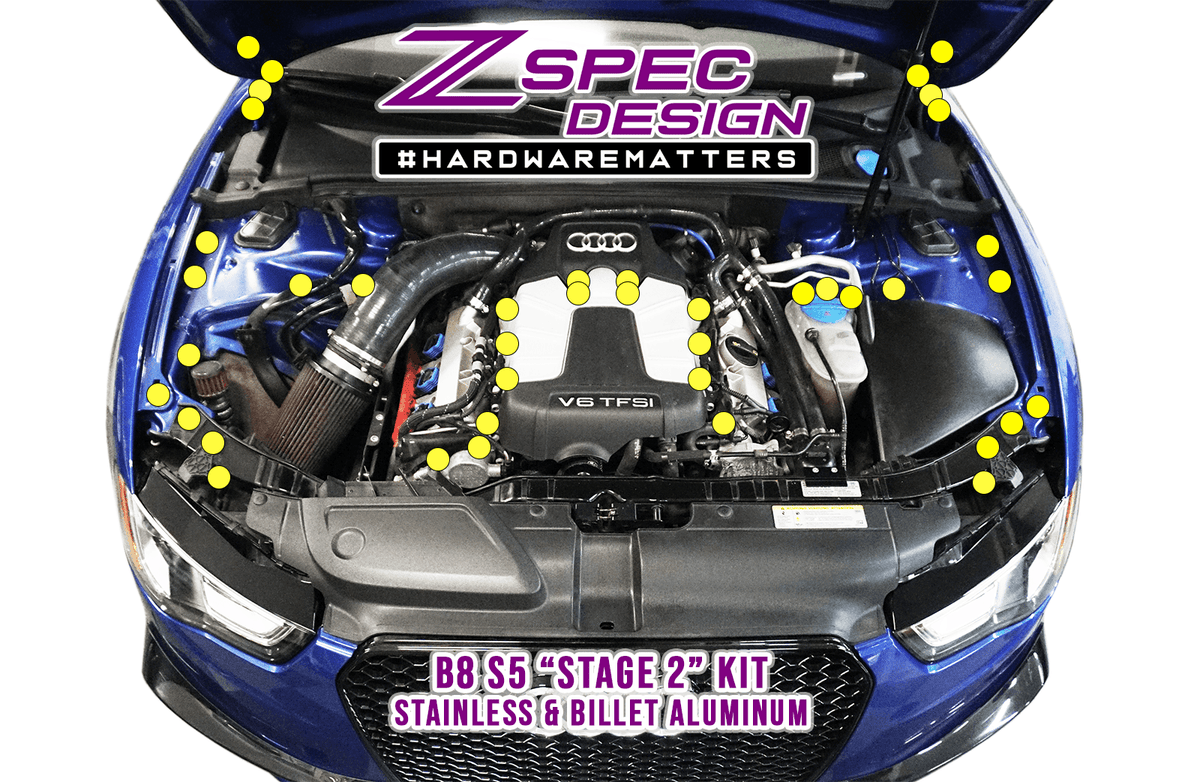 ZSPEC "Stage 2" Dress Up Bolts® Fastener Kit for Audi S5 B8 3.0L, Stainless & Billet - ZSPEC Design LLC - Hardware Fasteners - a5, audi, b8, b8.5, ea837, Fastener Kit, s5, stage 2 - zspecdesign.com