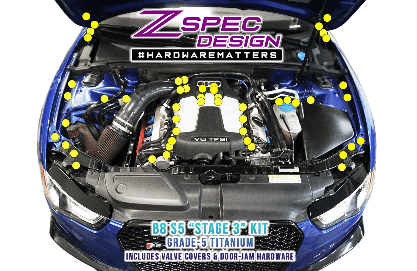 ZSPEC "Stage 3" Dress Up Bolts® Fastener Kit for Audi S5 B8 3.0L, Titanium Grade-5  Bagged/Labeled by Function  Keywords Engine Bay Hardware Upgrade Performance ZSPEC Design LLC Car Auto Hobby  Garage