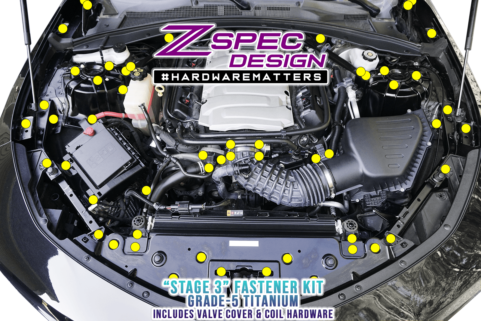 ZSPEC "Stage 3" Dress Up Bolts® Fastener Kit for '16+ Chevy V8 Camaro SS, Titanium Engine Bay Valve Cover Coolant Outlet Fenders Radiator Shocks Struts Hardware Grade-5 GR5 Intake Sensor Throttle Body