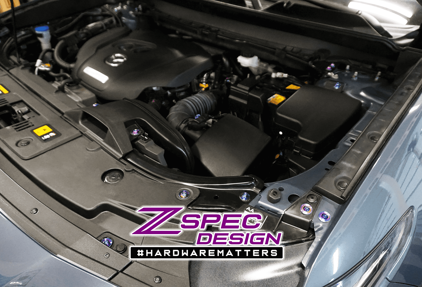 ZSPEC "Stage 1" Dress Up Bolts® Fastener Kit for '16-23 Mazda CX-9, Titanium Hardware Fasteners ZSPEC Design LLC.