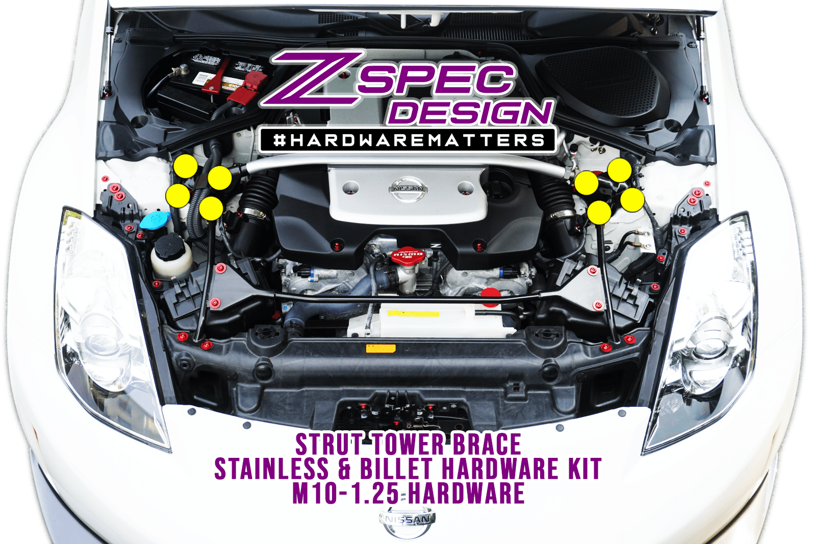 ZSPEC Strut Brace Fastener Kit for '03-09 Nissan 350z Z33, Stainless & Billet  Keywords: Strut Bar Hardware Stainless Steel SUS304 Billet Aluminum 6061