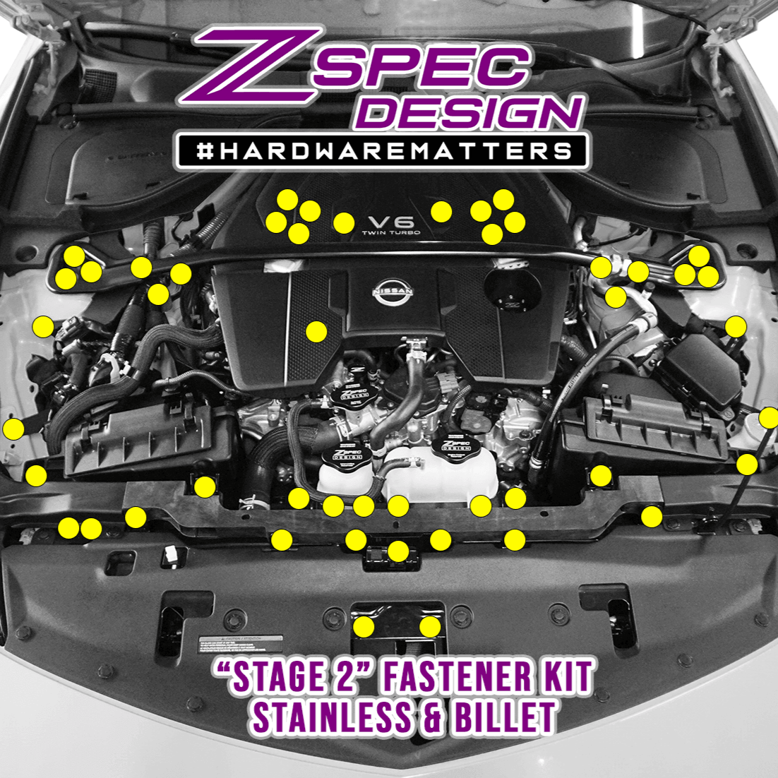 ZSPEC "Stage 2" Dress Up Bolts® Hardware Kit for Nissan Z RZ34, Stainless & Billet - ZSPEC Design LLC - Hardware Fasteners - 400z, Fastener Kit, nissan, nissanz, RZ34, stage 2, titanium - zspecdesign.com